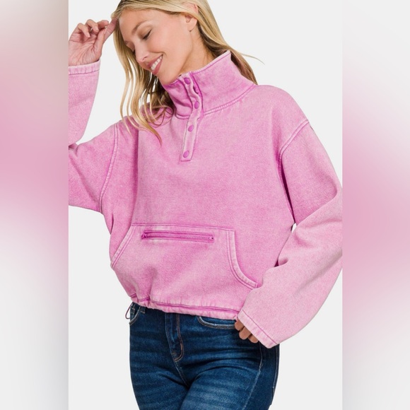 NWT Zenana Mauve Pink Acid Wash Fleece Half Snap Kangaroo Pocket Sweatshirt - Picture 1 of 3
